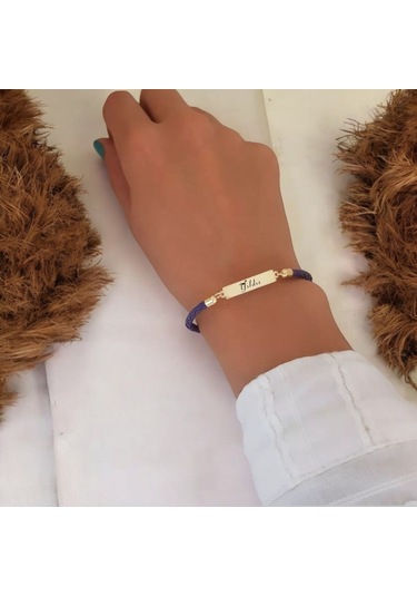 Archin Yıldız İsmine Özel Dikdörtgen Motifli Mor Derili 14 Ayar Altın Plakalı Hediye Bileklik-412isim Yıldız