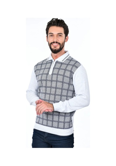 Kamalı Yakalı Baba Kazak Çizgili Baba Kazak Baba Triko Yakalı Erkek Kazak Polo Yaka Beyaz