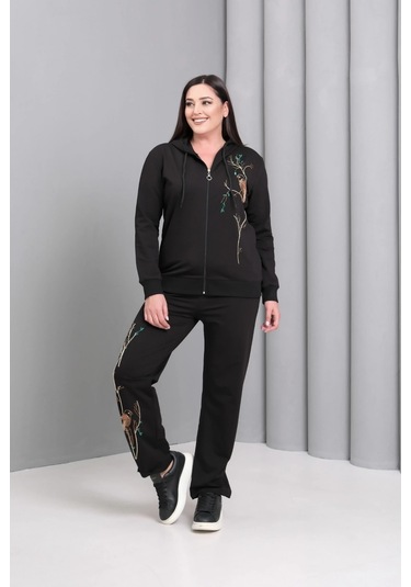 Kapüşonlu Fermuarlı Boncuk Nakışlı Takım Siyah