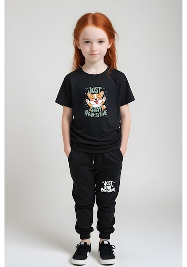 Just Stay Paw Baskılı Kız Çocuk Tişört Ve Eşofman Alt-üst Takım Siyah