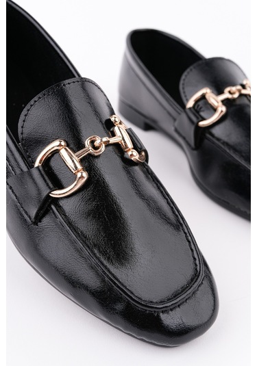 Muggo Stride Metal Tokalı Kadın Günlük Loafer Ayakkabı Siyah