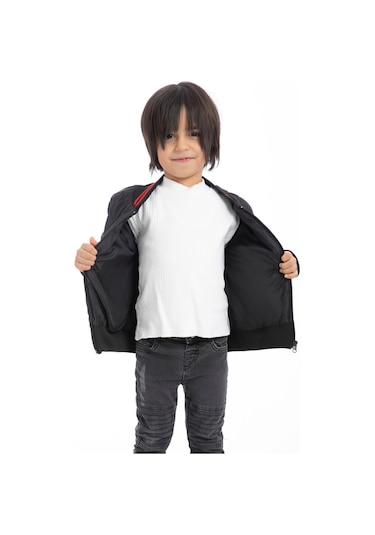 Erkek Çocuk Siyah Kolej Yaka Içi Astarlı Su Ve Rüzgar Geçirmez Fermuarlı Cep Mont Ceket Siyah