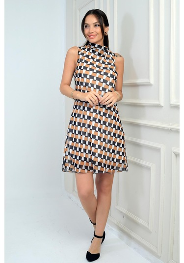 Kadın Degaje Yaka Astarlı Desenli Kısa Şifon Elbise-41718 Hardal