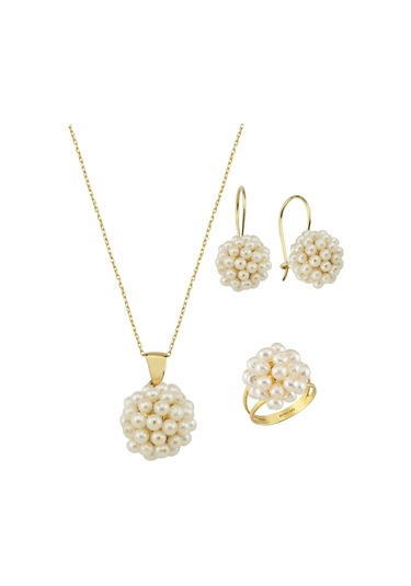 Kadın Prenses Model Doğal İnci Küpe Kolye Yüzük Üçlü Set 8 / Sarı Gümüş