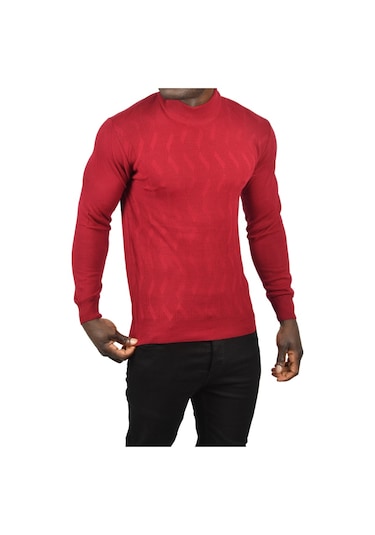 Deepsea Erkek Bordo Dar Kesim Yarım Balıkçı Yaka Desenli Triko Yarım Boğazlı Kazak 2505505 Bordo