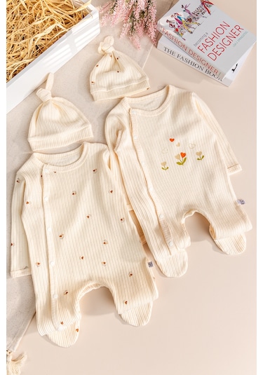 Babymod Çiçek Desenli Şapkalı 2'li Pamuklu Kız Bebek Tulum Set Ekru