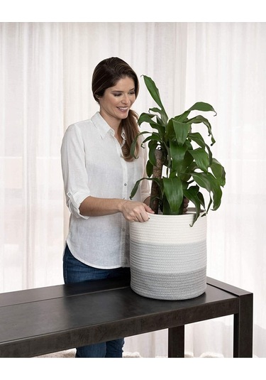 Ikili Dekoratif Jüt Saplı Hasır Sepet Saksı 30 Cm Ve 25 Cm , Dekoratif Saksı Ve Havluluk Gribeyaz