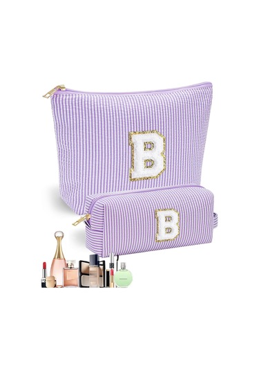 2 Parçalı Büyük Çizgili İlk Harfli Makyaj Çantası Seti - Şık Seyahat Tuvalet Çantası Ve Makyaj Düzenleyici, Makyaj Fırçaları İçin Sevimli Estetik Saklama Alanı, Kişiselleştirilmiş Hediyeler, Kadınlar İçin Kozmetik Çantası Mor B Mor-b