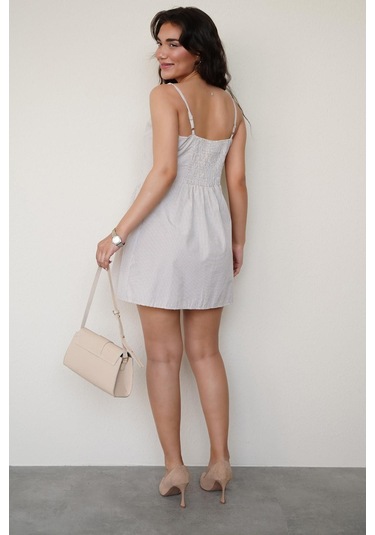 Madmext Bej Pötikareli Kadın Mini Elbise Mg2387 Bej