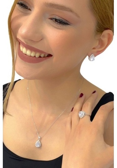 Beyaz Damla Zirkon Mikro Kalite 925 Gümüş Set Takım