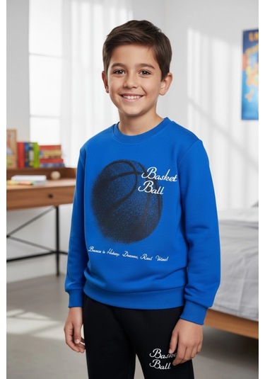 Basketball Yazı Desenli Mavi Renk Erkek Çocuk Eşofman Takımı Mavi