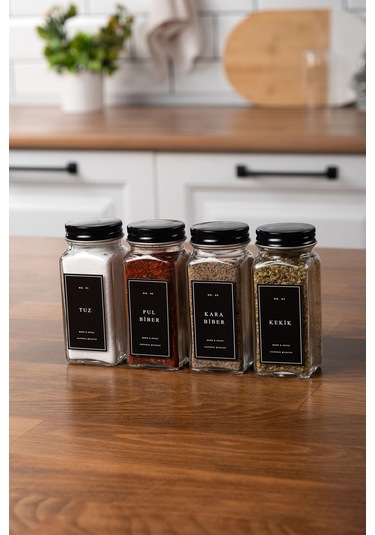 Mienda Home 4'lü Cam Baharatlık Seti Siyah Kapaklı Etiketli Baharatlık Takımı Mh00syh04 Siyah - Şeffaf