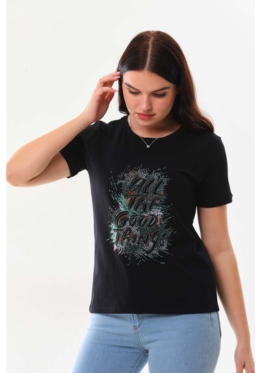 Sistas Kadın Yazı Detaylı Kısa Kol Pamuklu Bluz 23042 Siyah