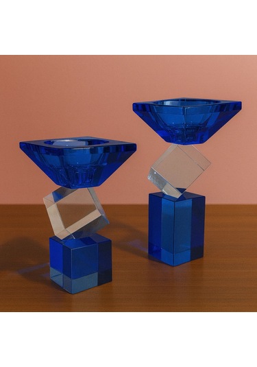 Kristal Geometrik 2 Li Şamdan Seti Mavi 20x9