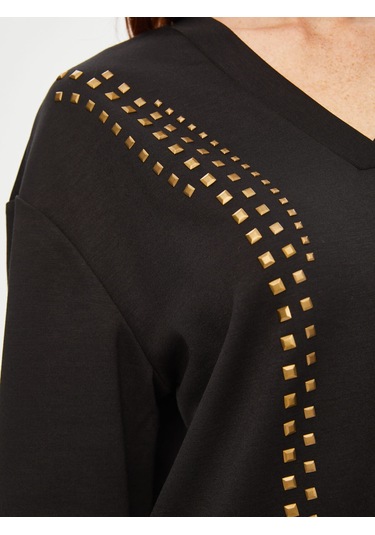 Önü Trok Taşlı V Yaka Sweatshirt 69509 U6950910 Siyah