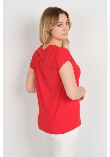 Sistas Kadın Düşük Kol Tek Cep Detaylı Bisiklet Yaka Bluz 24107 Kırmızı Kırmızı