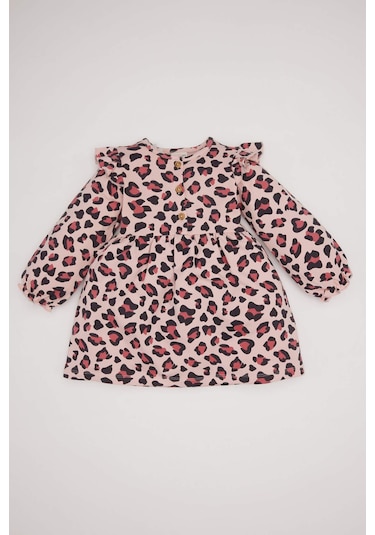 DeFacto Kız Bebek Leopar Desenli Bisiklet Yaka Düğmeli Uzun Kollu Elbise D7423A524WNPN243 Pembe