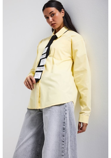 Itsbasic Kadın Sarı Renk Oversize Kravatlı Özel Tasarım Bol Kesim Gömlek