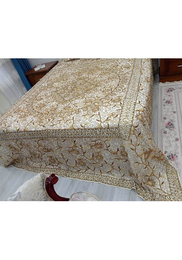 Pullu Boncuk İşlemeli Otantik Çift Kiş Yat Örtüsü 240x270 -gold Gold