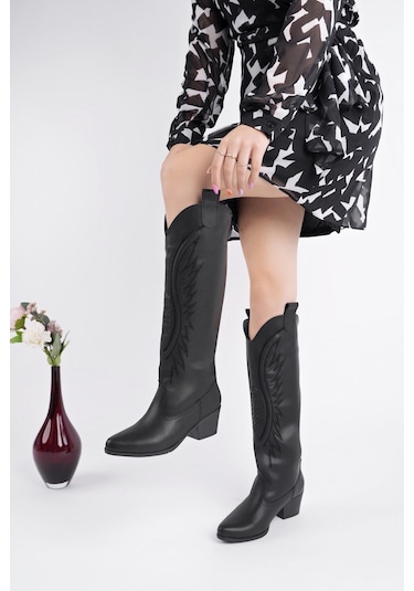 Muggo Rodeo Dikiş Detaylı Kalın Topuklu Kovboy Kadın Çizme siyah