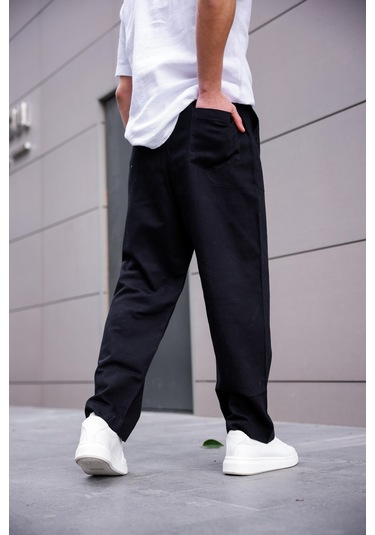 Keten Baggy Siyah Renk Erkek Pantolon-1763 Siyah