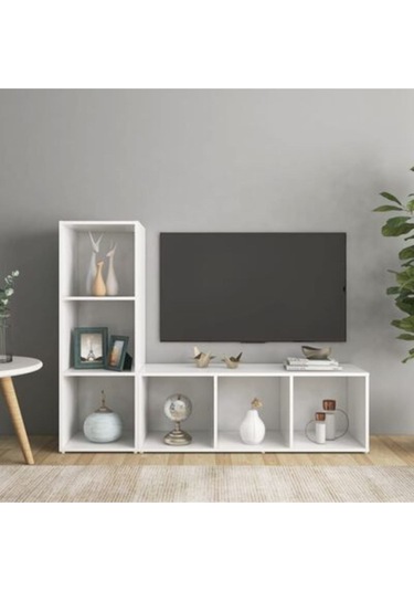 Tolga Kitaplıklı Televizyon Sehpası Ünitesi Kitaplık Beyaz 120 Cm 6 Raflı Beyaz