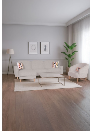 Bohem's Köşe Krem Çift Taraflı Kullanılabilir Köşe Takımı Berjer Dahildir Krem