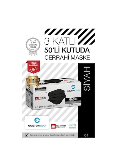 Saytekmed Meltblown Filtreli Yassı İpli 3 Katlı Siyah Maske (1 Kutu / 50 Adet)
