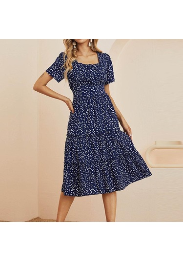 Yaz Aşk Desen Nokta Baskı Elbise Kadın Rahat A-line Kısa Kollu Kare Yaka Ruffles Orta Uzun Şifon Kırmızı Siyah Mavi Yeşil S-xl Kırmızı