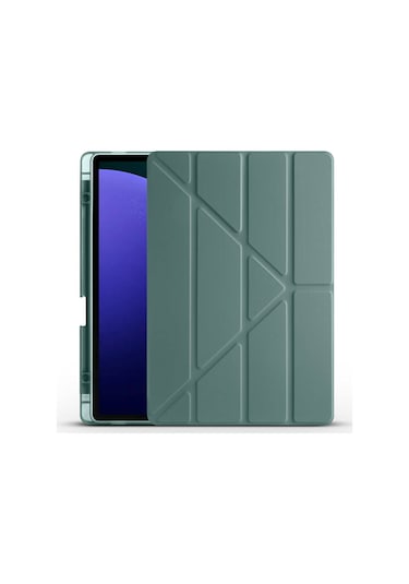 Kilifone - Galaxy Uyumlu Galaxy Tab S9 Fe Plus - Kılıf Kalem Bölmeli Stand Olabilen Origami Tri Folding Tablet Kılıfı - Koyu Yeşil