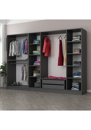 Minar Kale 6 Bölmeli 2 Çekmeceli Giyinme Dolabı Antrasit 190cm
