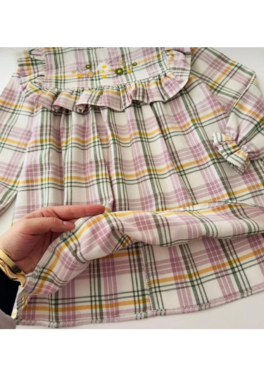 Ekose Çiçek Nakış Detaylı Kız Çocuk Elbise - Yeşil Yeşil