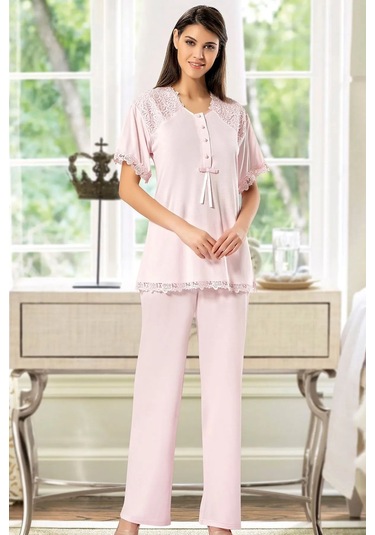 Xses 4200 Kadın Hamile Lohusa Sabahlıklı Pijama Takım-pudra