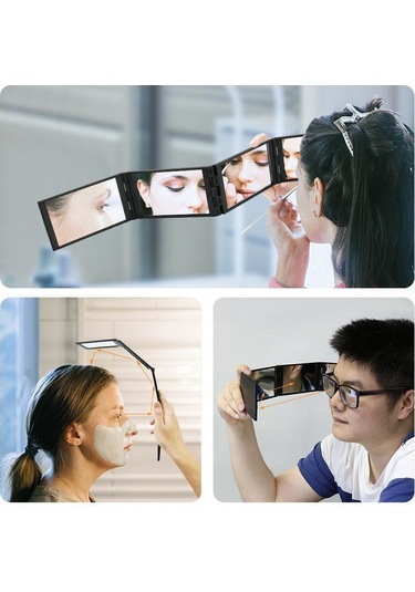 4 Yönlü Ayna 360 Derece El Tipi Masaüstü Taşınabilir Katlanabilir Makyaj Aynası Kendi Saçınızı Kesmek İçin Makyaj Aynası Güzellik Aracı Siyah