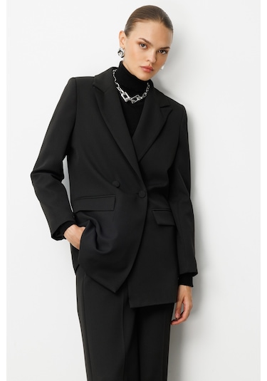 Mizalle Oversize Siyah Kruvaze Blazer Ceket Siyah