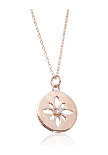 Bybarun Çiçek Motifli Yuvarlak Tektaş Kolye Rose Gold