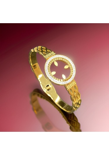 Parlak Dizme Taşlı Çeyreklik Model Özel Desen Gold Renk Antialerjik Çelik Bileklik Göz Alıcı Şıklık-9046388674939