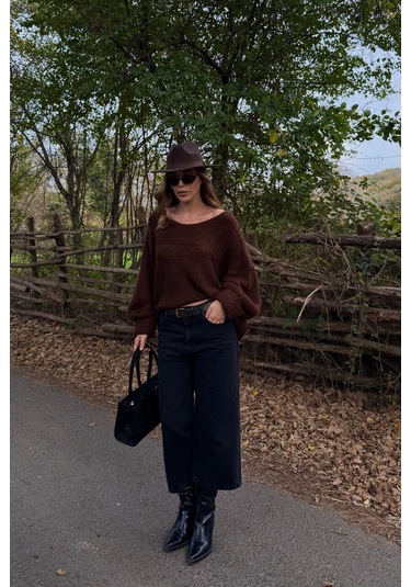 Kahverengi Kayık Yaka Kazak - 4338 Kahverengi