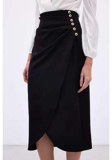 Sateen Düğme Detaylı Kalem Etek - Siyah-136776 Siyah