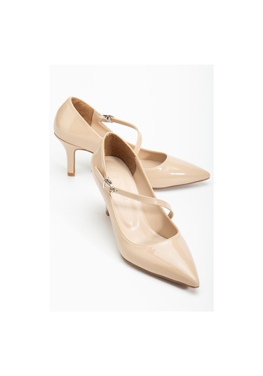 Büyük Beden Kadın Stiletto İnce Topuklu Ayakkabı Ten Rugan Baretli-4293 Ten