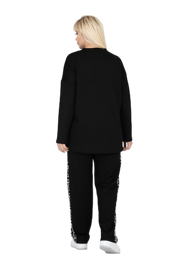 Melsay Butik Siyah Kare Şeritli Büyük Beden Kadın Eşofman Takımı Siyah