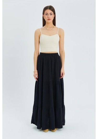 4567 Kadın Fırfırlı Uzun Müslin Etek Siyah Siyah