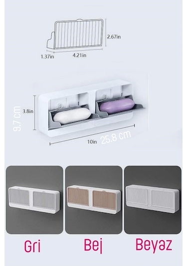 2 Bölmeli Yapışkanlı Duvara Monte Mutfak Banyo Katı Sabunluk Gri