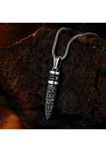 925 Ayar Gümüş Mikro Taşlı Mermi Tasarım Erkek Kolye Gümüş