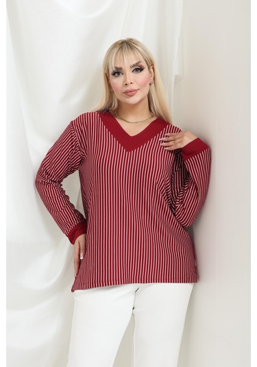 Bambu Viskon V Yaka Uzun Kollu Bluz Rahat Kalıp, Büyük Beden Xl 6xl Bordo