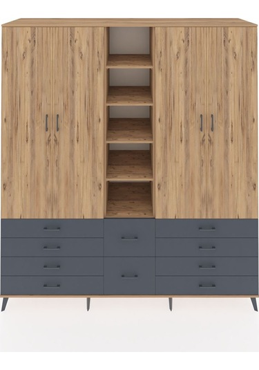 Kronos Dolap 9 Raflı 10 Çekmeceli 2 Askılı 220x59x243 Çam-çam/antrasit Atlas Çam/antrasıt