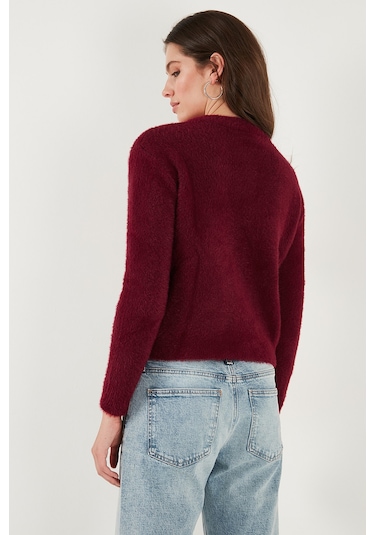 Lela Fitted Fit Bisiklet Yaka Yumuşak Dokulu Crop Bayan Hırka 4615559 Bordo