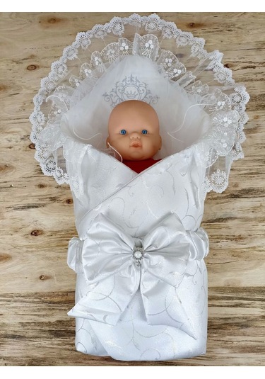 Yenidoğan Pırıltı Taç Nakışlı İnci Delüks Kundak Bebek Battaniyesi Ekru Ekru