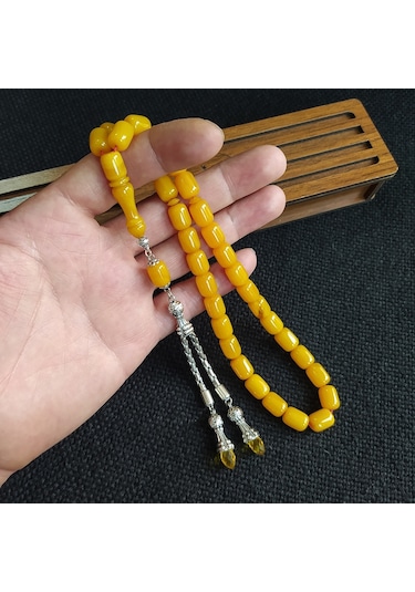 Vipkehribar Sarı Hareli Sıkma Kehribar Yılangözü Tesbih 8 x11 MM