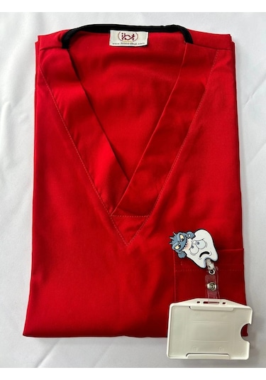 Doktor Hemşire Scrubs Üniforma Ligralı Kırmızı